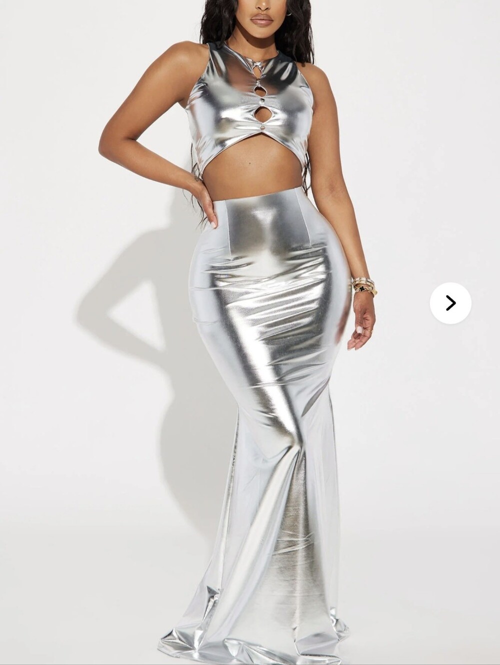 Fashion Nova Women's Silver Metallic Maxi Skirt